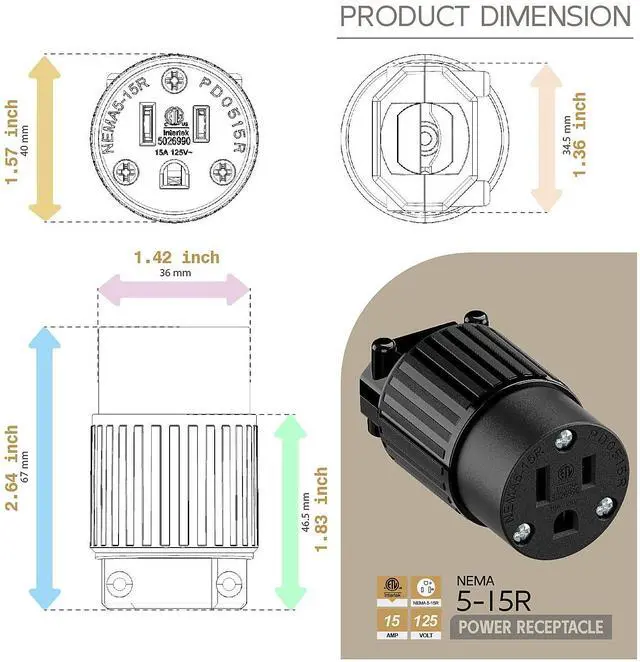 Alt view image 5 of 6 - Nema 5-15R/5-15C Female Socket, ETL Listed 15AMP/125VOLT,15A Straight DIY Receptacle, USA Canada 3-Prong Connector, 15A Household AC Industrial Grade Cord End Socket Black Color
