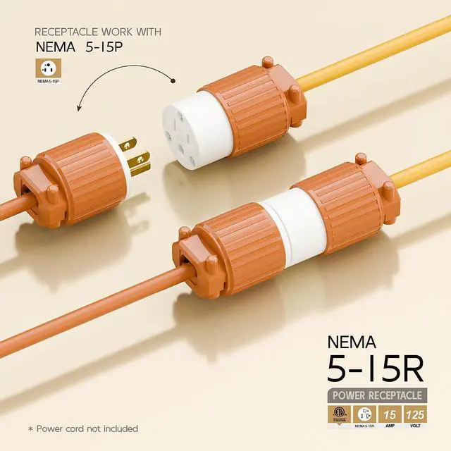 Alt view image 2 of 6 - Nema 5-15R/5-15C Female Socket, ETL Listed 15AMP/125VOLT,15A Straight DIY Receptacle, USA Canada 3-Prong Connector, 15A Household AC Industrial Grade Cord End Socket Orange Color