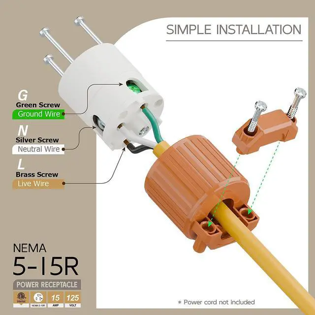 Alt view image 3 of 6 - Nema 5-15R/5-15C Female Socket, ETL Listed 15AMP/125VOLT,15A Straight DIY Receptacle, USA Canada 3-Prong Connector, 15A Household AC Industrial Grade Cord End Socket Orange Color