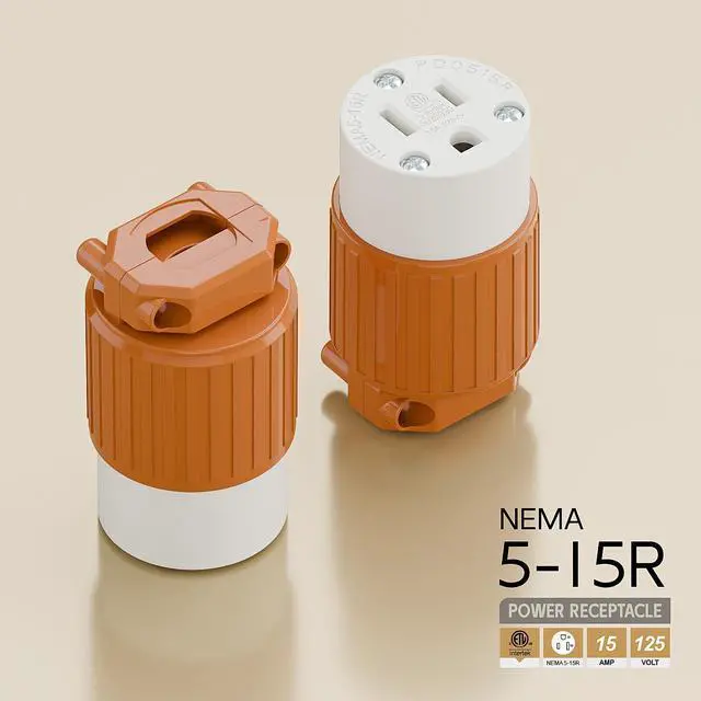 Alt view image 4 of 6 - Nema 5-15R/5-15C Female Socket, ETL Listed 15AMP/125VOLT,15A Straight DIY Receptacle, USA Canada 3-Prong Connector, 15A Household AC Industrial Grade Cord End Socket Orange Color