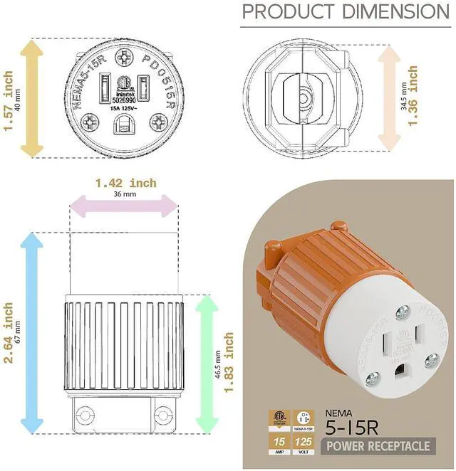 Alt view image 5 of 6 - Nema 5-15R/5-15C Female Socket, ETL Listed 15AMP/125VOLT,15A Straight DIY Receptacle, USA Canada 3-Prong Connector, 15A Household AC Industrial Grade Cord End Socket Orange Color