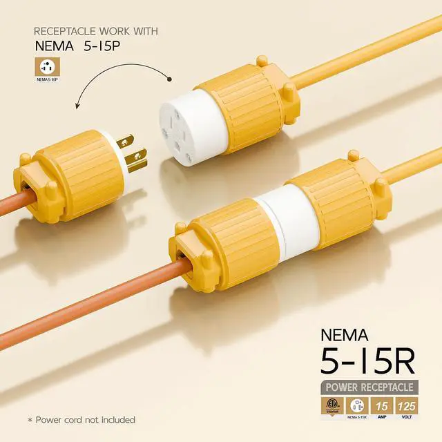 Alt view image 2 of 6 - Nema 5-15R/5-15C Female Socket, ETL Listed 15AMP/125VOLT,15A Straight DIY Receptacle, USA Canada 3-Prong Connector, 15A Household AC Industrial Grade Cord End Socket Yellow Color