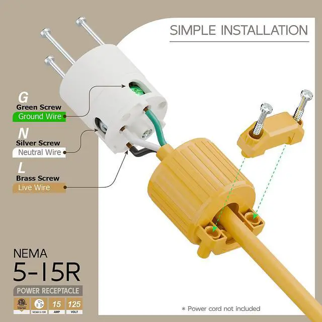 Alt view image 3 of 6 - Nema 5-15R/5-15C Female Socket, ETL Listed 15AMP/125VOLT,15A Straight DIY Receptacle, USA Canada 3-Prong Connector, 15A Household AC Industrial Grade Cord End Socket Yellow Color