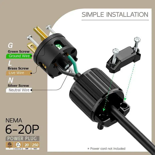 Alt view image 3 of 6 - NEMA 6-20P Male Plug, ETL Listed 20AMP/250VOLT,20A Straight DIY Male, USA/Canada 3-Prong Connector, 20A/250V Plug Household AC Industrial Grade Plugs Black Color