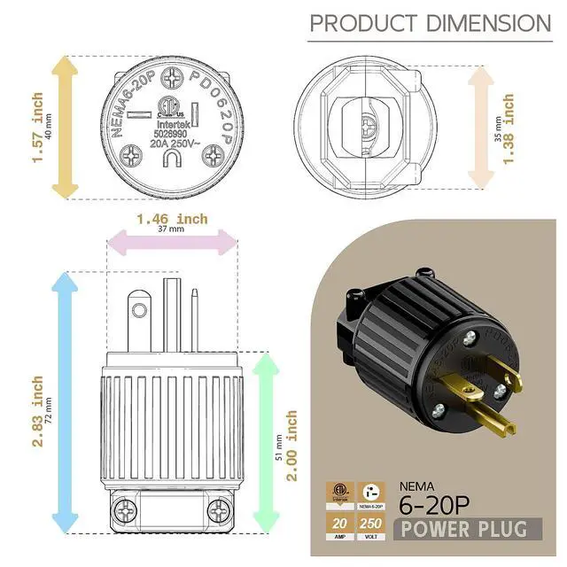 Alt view image 5 of 6 - NEMA 6-20P Male Plug, ETL Listed 20AMP/250VOLT,20A Straight DIY Male, USA/Canada 3-Prong Connector, 20A/250V Plug Household AC Industrial Grade Plugs Black Color