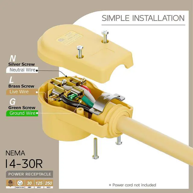 Alt view image 4 of 7 - NEMA 14-30R Plug,14-30 30A/125/250V Female Connector, (ETL Certified) 30Amp 125/250Volt Cord End Socket, Female 30A Dryer Receptacle, Heavy Duty, Yellow Color