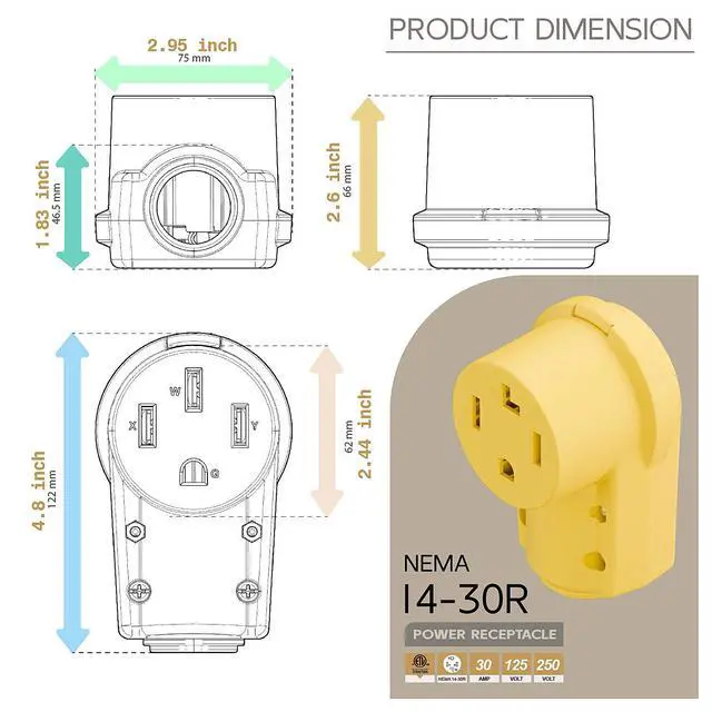 Alt view image 5 of 7 - NEMA 14-30R Plug,14-30 30A/125/250V Female Connector, (ETL Certified) 30Amp 125/250Volt Cord End Socket, Female 30A Dryer Receptacle, Heavy Duty, Yellow Color