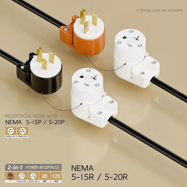 Alt view image 2 of 7 - Right Angled NEMA 5-20R Female Socket,20Amp/125Volt, NEMA 5-15R 15A/125V ETL Listed Heavy Duty 3-Prong Female Straight Blade Connector, 15/20Amp AC Industrial Grade Cord End Socket, White Color