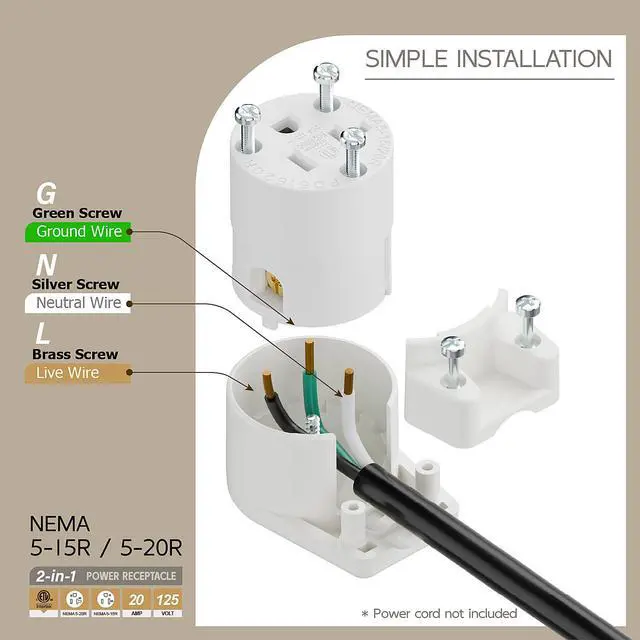 Alt view image 3 of 7 - Right Angled NEMA 5-20R Female Socket,20Amp/125Volt, NEMA 5-15R 15A/125V ETL Listed Heavy Duty 3-Prong Female Straight Blade Connector, 15/20Amp AC Industrial Grade Cord End Socket, White Color