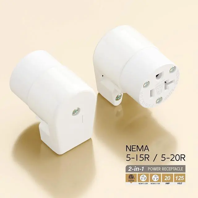 Alt view image 4 of 7 - Right Angled NEMA 5-20R Female Socket,20Amp/125Volt, NEMA 5-15R 15A/125V ETL Listed Heavy Duty 3-Prong Female Straight Blade Connector, 15/20Amp AC Industrial Grade Cord End Socket, White Color