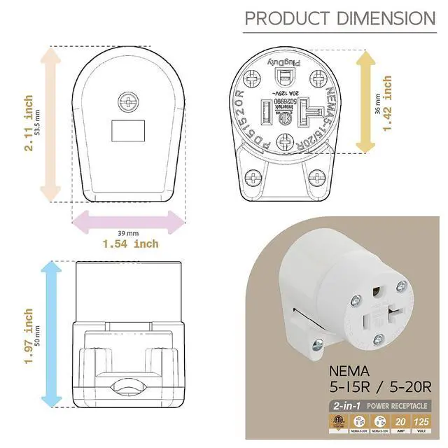 Alt view image 5 of 7 - Right Angled NEMA 5-20R Female Socket,20Amp/125Volt, NEMA 5-15R 15A/125V ETL Listed Heavy Duty 3-Prong Female Straight Blade Connector, 15/20Amp AC Industrial Grade Cord End Socket, White Color