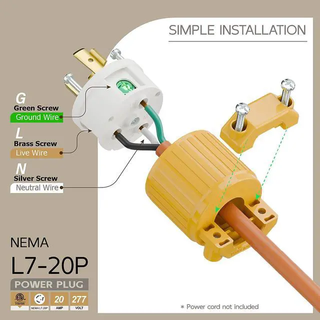 Alt view image 3 of 6 - NEMA L7-20P Locking Plug, (ETL Listed) Cord End Connector, Twist Lock L7-20 20Amp 277Volt Male AC Connector, Industrial Grade 20A 277V Replacement Plugs PDL720P Yellow Color