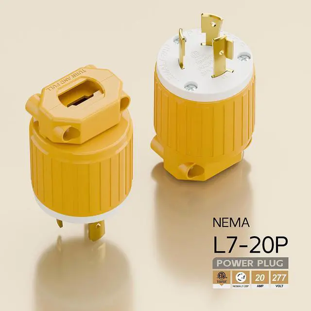 Alt view image 4 of 6 - NEMA L7-20P Locking Plug, (ETL Listed) Cord End Connector, Twist Lock L7-20 20Amp 277Volt Male AC Connector, Industrial Grade 20A 277V Replacement Plugs PDL720P Yellow Color