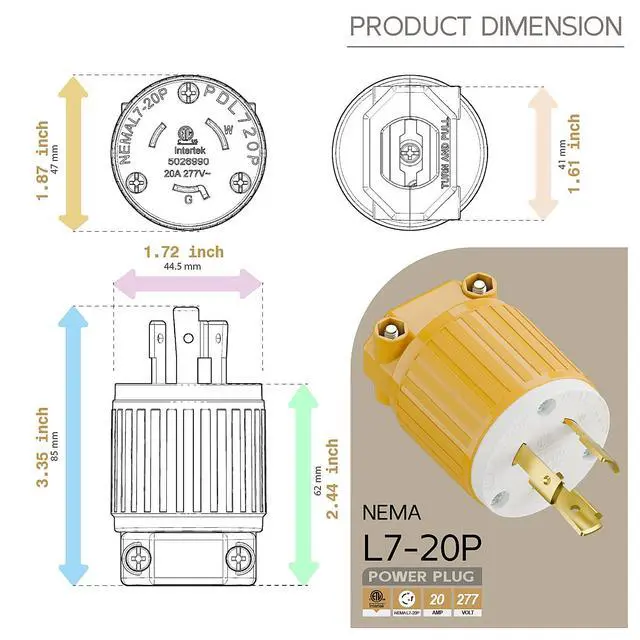 Alt view image 5 of 6 - NEMA L7-20P Locking Plug, (ETL Listed) Cord End Connector, Twist Lock L7-20 20Amp 277Volt Male AC Connector, Industrial Grade 20A 277V Replacement Plugs PDL720P Yellow Color