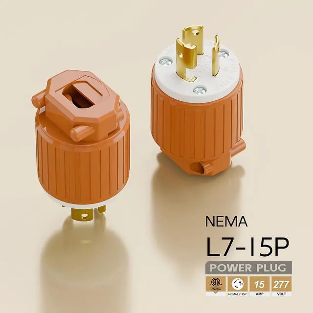 Alt view image 4 of 6 - NEMA L7-15P Twist Lock Male Plug, ETL Listed 15A 277V Rewireable Cord End Connector, UL94-V0 Fire-Resistant Nylon & Solid Copper, Fits 10~18AWG SJT/SVT Cord, Orange Industrial Plug