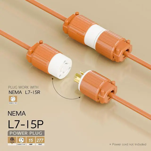 Alt view image 2 of 6 - NEMA L7-15P Twist Lock Male Plug, ETL Listed 15A 277V Rewireable Cord End Connector, UL94-V0 Fire-Resistant Nylon & Solid Copper, Fits 10~18AWG SJT/SVT Cord, Orange Industrial Plug