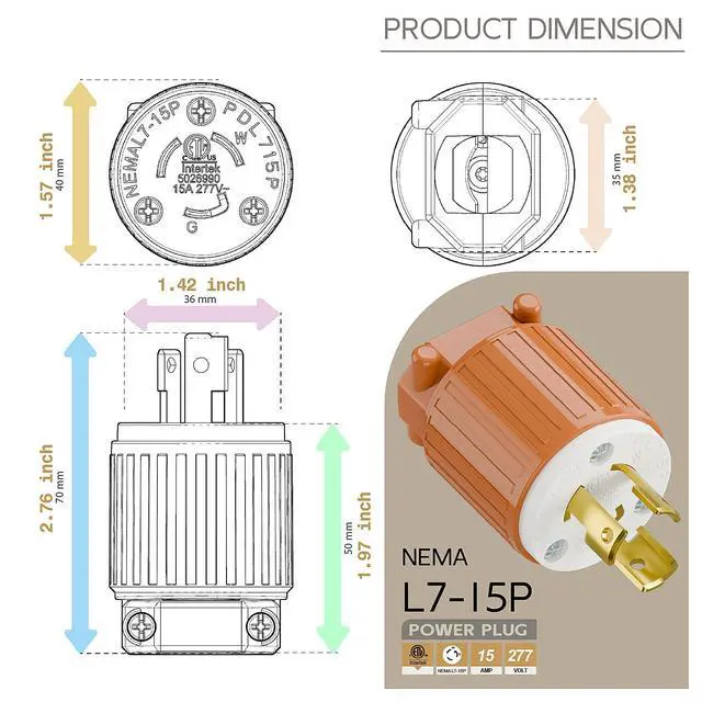 Alt view image 5 of 6 - NEMA L7-15P Twist Lock Male Plug, ETL Listed 15A 277V Rewireable Cord End Connector, UL94-V0 Fire-Resistant Nylon & Solid Copper, Fits 10~18AWG SJT/SVT Cord, Orange Industrial Plug