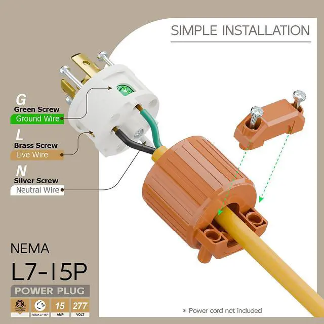 Alt view image 3 of 6 - NEMA L7-15P Twist Lock Male Plug, ETL Listed 15A 277V Rewireable Cord End Connector, UL94-V0 Fire-Resistant Nylon & Solid Copper, Fits 10~18AWG SJT/SVT Cord, Orange Industrial Plug