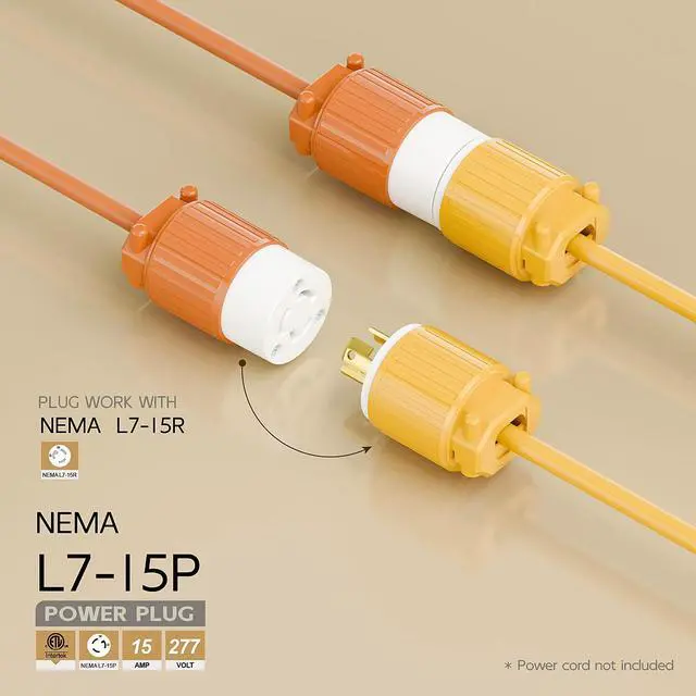 Alt view image 2 of 6 - NEMA L7-15P Twist Lock Male Plug, ETL Listed 15A 277V Rewireable Cord End Connector, UL94-V0 Fire-Resistant Nylon & Solid Copper, Fits 10~18AWG SJT/SVT Cord, Yellow Industrial Plug