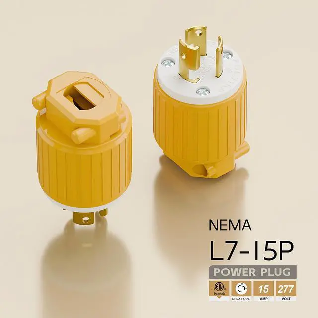Alt view image 4 of 6 - NEMA L7-15P Twist Lock Male Plug, ETL Listed 15A 277V Rewireable Cord End Connector, UL94-V0 Fire-Resistant Nylon & Solid Copper, Fits 10~18AWG SJT/SVT Cord, Yellow Industrial Plug