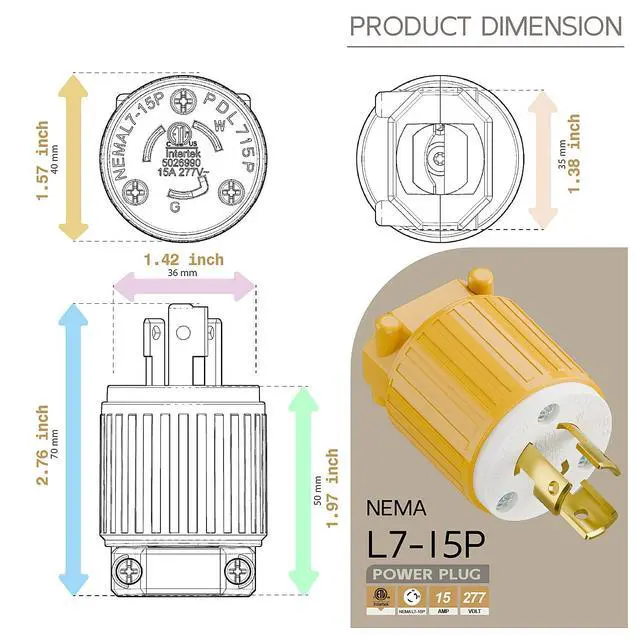 Alt view image 5 of 6 - NEMA L7-15P Twist Lock Male Plug, ETL Listed 15A 277V Rewireable Cord End Connector, UL94-V0 Fire-Resistant Nylon & Solid Copper, Fits 10~18AWG SJT/SVT Cord, Yellow Industrial Plug