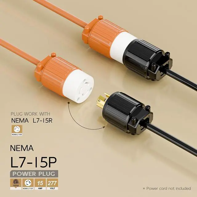 Alt view image 2 of 6 - NEMA L7-15P Twist Lock Male Plug, ETL Listed 15A 277V Rewireable Cord End Connector, UL94-V0 Fire-Resistant Nylon & Solid Copper, Fits 10~18AWG SJT/SVT Cord, Black Industrial Plug