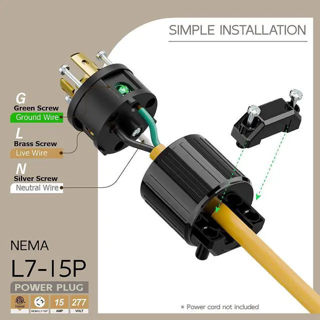 Alt view image 3 of 6 - NEMA L7-15P Twist Lock Male Plug, ETL Listed 15A 277V Rewireable Cord End Connector, UL94-V0 Fire-Resistant Nylon & Solid Copper, Fits 10~18AWG SJT/SVT Cord, Black Industrial Plug