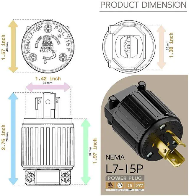 Alt view image 5 of 6 - NEMA L7-15P Twist Lock Male Plug, ETL Listed 15A 277V Rewireable Cord End Connector, UL94-V0 Fire-Resistant Nylon & Solid Copper, Fits 10~18AWG SJT/SVT Cord, Black Industrial Plug