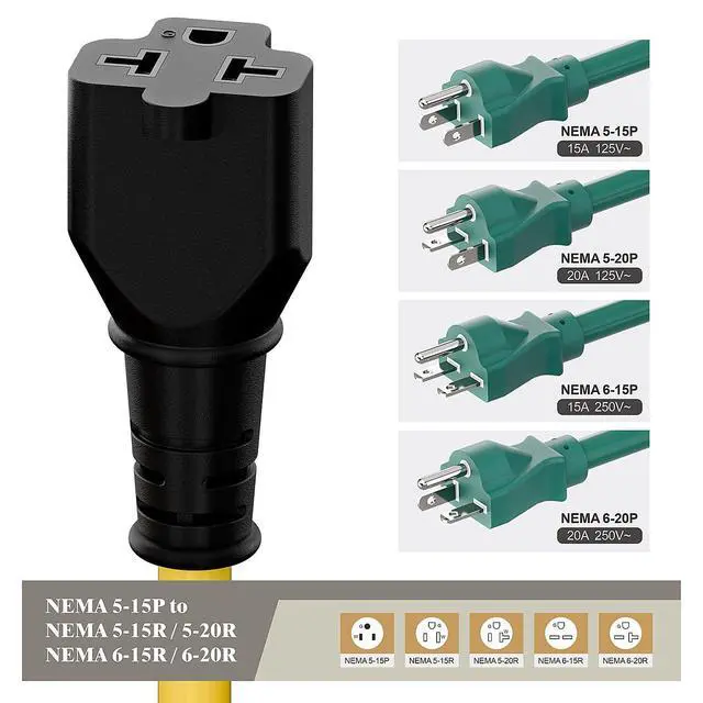 Alt view image 6 of 7 - Four-in-One 12AWG Heavy Duty 15 Amp Household AC Plug to 20 Amp T Blade Adapter Cable,5-15P to 5-20R/ 6-15R/6-20R, 4 in 1 AC Power Adapter,15A 125V to 20A 250V 15A 125V to 20A 250V Adapter Cable, 6FT