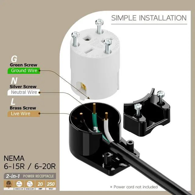 Alt view image 3 of 7 - Right Angle NEMA 6-20R Female Socket, 20Amp/250Volt, NEMA 6-15R 15A/250V ETL Listed Heavy Duty 3-Prong Female Straight Blade Connector, 15/20A 250V AC Industrial Grade Cord End Socket, Black and White