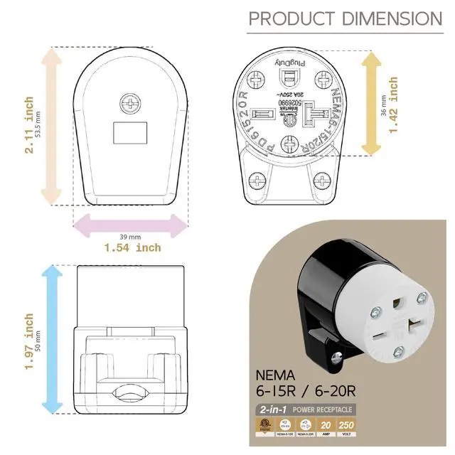 Alt view image 5 of 7 - Right Angle NEMA 6-20R Female Socket, 20Amp/250Volt, NEMA 6-15R 15A/250V ETL Listed Heavy Duty 3-Prong Female Straight Blade Connector, 15/20A 250V AC Industrial Grade Cord End Socket, Black and White