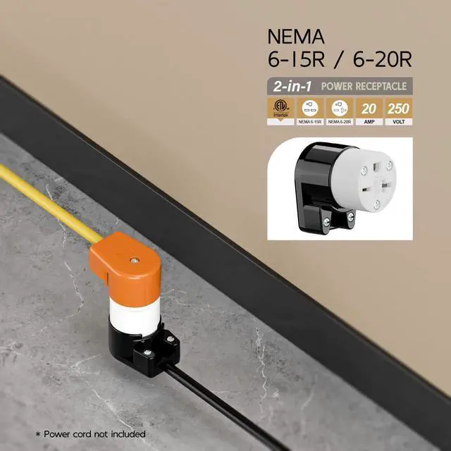 Alt view image 6 of 7 - Right Angle NEMA 6-20R Female Socket, 20Amp/250Volt, NEMA 6-15R 15A/250V ETL Listed Heavy Duty 3-Prong Female Straight Blade Connector, 15/20A 250V AC Industrial Grade Cord End Socket, Black and White