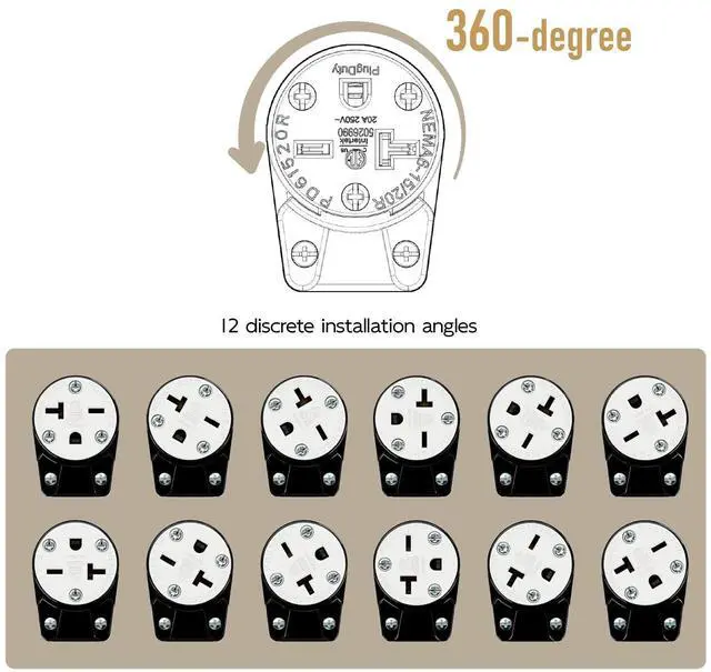 Alt view image 7 of 7 - Right Angle NEMA 6-20R Female Socket, 20Amp/250Volt, NEMA 6-15R 15A/250V ETL Listed Heavy Duty 3-Prong Female Straight Blade Connector, 15/20A 250V AC Industrial Grade Cord End Socket, Black and White