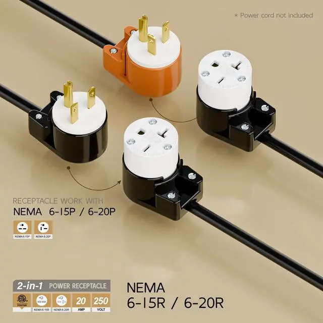 Alt view image 2 of 7 - Right Angle NEMA 6-20R Female Socket, 20Amp/250Volt, NEMA 6-15R 15A/250V ETL Listed Heavy Duty 3-Prong Female Straight Blade Connector, 15/20A 250V AC Industrial Grade Cord End Socket, Black and White