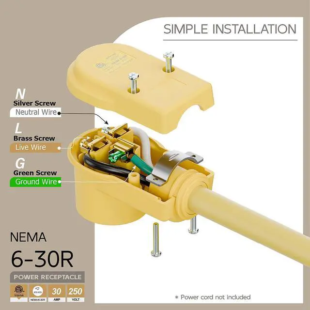 Alt view image 4 of 7 - NEMA 6-30R Plug,6-30 30A/250V Female Connector, (ETL Certified) 30Amp 250Volt Cord End Socket, Female 30A Welder Receptacle, Heavy Duty, Yellow Color
