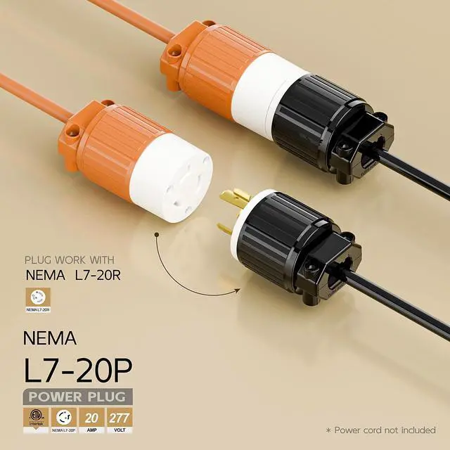 Alt view image 2 of 6 - NEMA L7-20P Locking Plug, (ETL Listed) Cord End Connector, Twist Lock L7-20 20Amp 277Volt Male AC Connector, Industrial Grade 20A 277V Replacement Plugs PDL720P Black and White Color