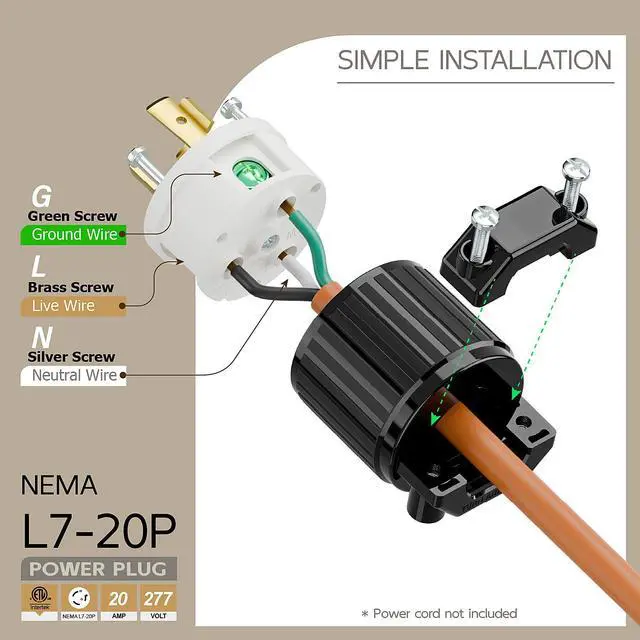 Alt view image 3 of 6 - NEMA L7-20P Locking Plug, (ETL Listed) Cord End Connector, Twist Lock L7-20 20Amp 277Volt Male AC Connector, Industrial Grade 20A 277V Replacement Plugs PDL720P Black and White Color