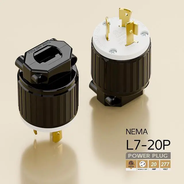 Alt view image 4 of 6 - NEMA L7-20P Locking Plug, (ETL Listed) Cord End Connector, Twist Lock L7-20 20Amp 277Volt Male AC Connector, Industrial Grade 20A 277V Replacement Plugs PDL720P Black and White Color
