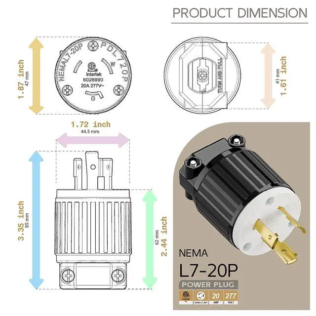 Alt view image 5 of 6 - NEMA L7-20P Locking Plug, (ETL Listed) Cord End Connector, Twist Lock L7-20 20Amp 277Volt Male AC Connector, Industrial Grade 20A 277V Replacement Plugs PDL720P Black and White Color