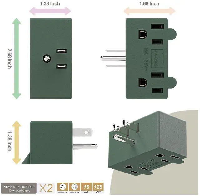 Alt view image 6 of 7 - Direction Changer Power Adapter, US 3-Prong Downward Angled AC Adapter,1 Male to 2 Female Right Angled Adapter, 5-15P Male to Dual 5-15R Female 90 Degree Adapter Black Color