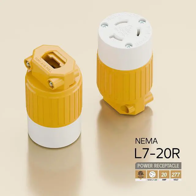 Alt view image 4 of 6 - NEMA L7-20R Locking Plug, (ETL Listed) Cord End Connector, Twist Lock L7-20 20Amp 277Volt Female AC Connector, Industrial Grade 20A 277V Replacement Socket PDL720R Yellow Color