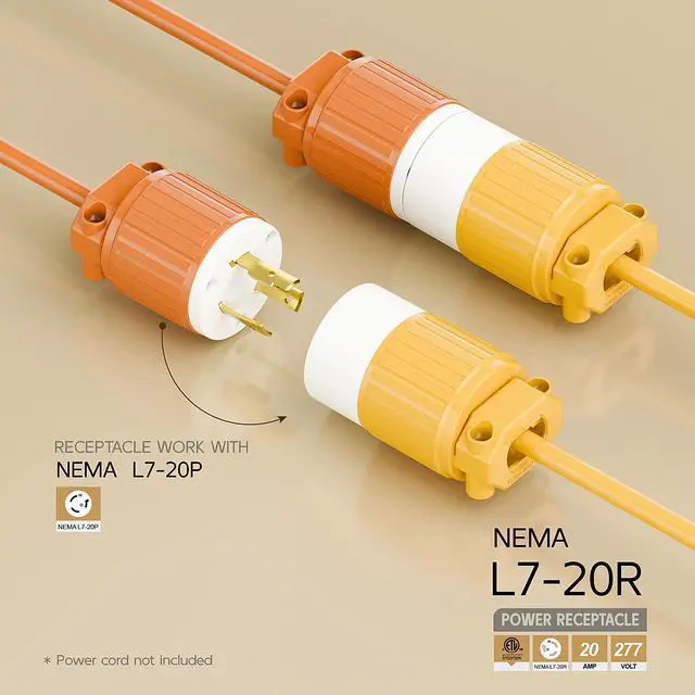 Alt view image 2 of 6 - NEMA L7-20R Locking Plug, (ETL Listed) Cord End Connector, Twist Lock L7-20 20Amp 277Volt Female AC Connector, Industrial Grade 20A 277V Replacement Socket PDL720R Yellow Color