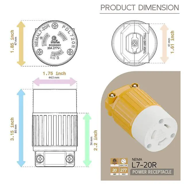 Alt view image 5 of 6 - NEMA L7-20R Locking Plug, (ETL Listed) Cord End Connector, Twist Lock L7-20 20Amp 277Volt Female AC Connector, Industrial Grade 20A 277V Replacement Socket PDL720R Yellow Color