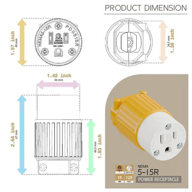 Alt view image 5 of 6 - Nema 5-15R/5-15C Female Socket, ETL Listed 15AMP/125VOLT,15A Straight DIY Receptacle, USA Canada 3-Prong Connector, 15A Household AC Industrial Grade Cord End Socket Yellow Color