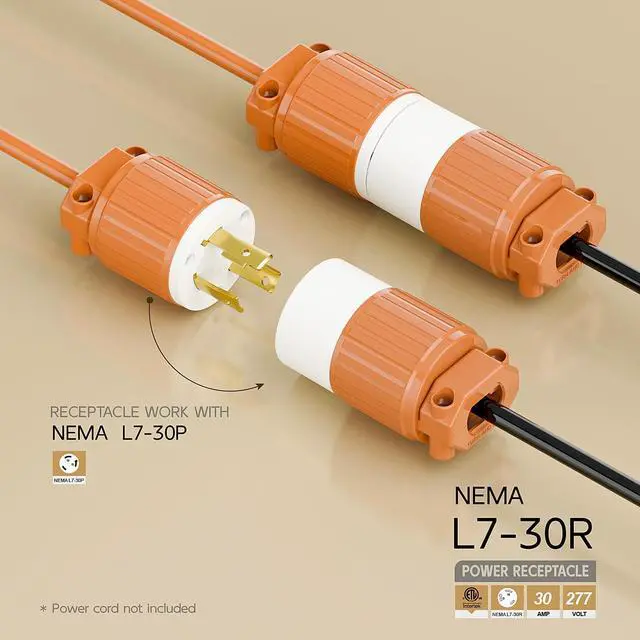 Alt view image 2 of 6 - NEMA L7-30R Locking Plug, (ETL Listed) Cord End Connector, Twist Lock L7-30R 30Amp 277Volt Female AC Connector, Industrial Grade 30A 277V Replacement Socket PDL730R Orange Color