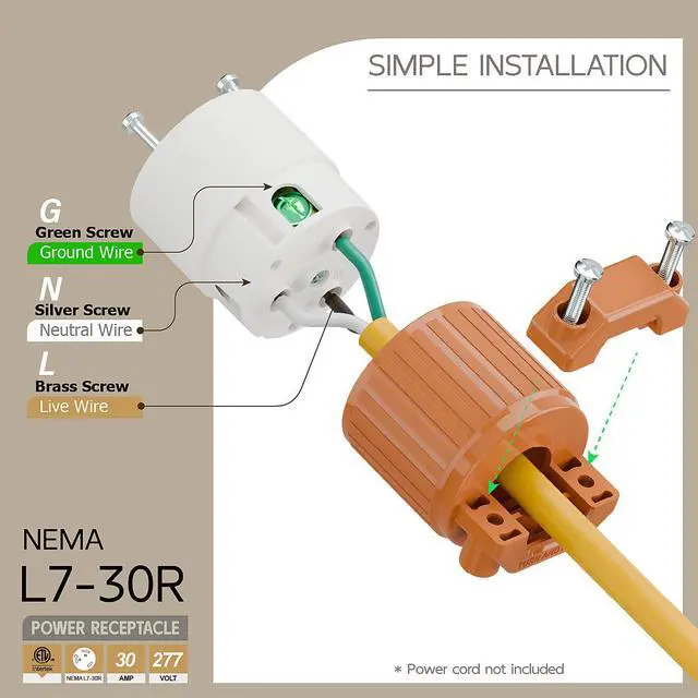 Alt view image 3 of 6 - NEMA L7-30R Locking Plug, (ETL Listed) Cord End Connector, Twist Lock L7-30R 30Amp 277Volt Female AC Connector, Industrial Grade 30A 277V Replacement Socket PDL730R Orange Color