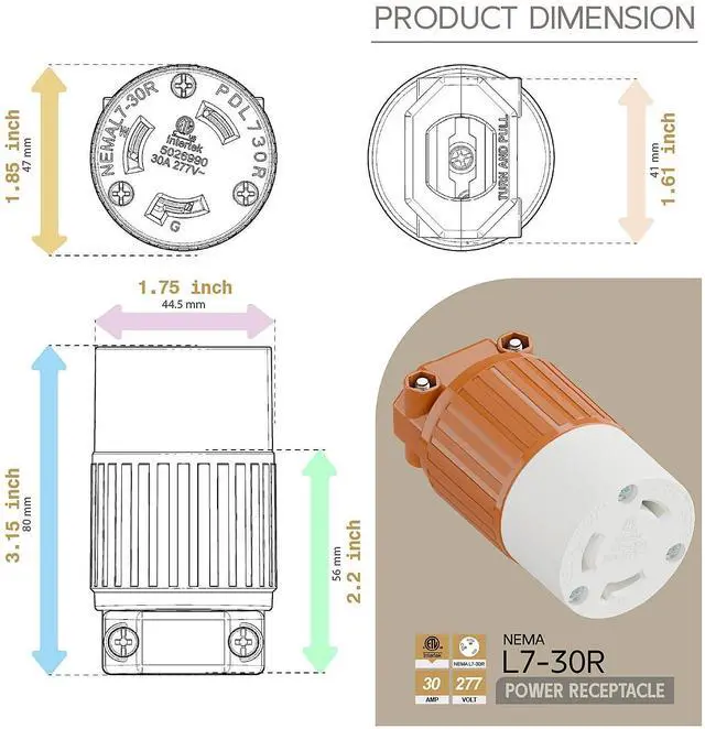 Alt view image 5 of 6 - NEMA L7-30R Locking Plug, (ETL Listed) Cord End Connector, Twist Lock L7-30R 30Amp 277Volt Female AC Connector, Industrial Grade 30A 277V Replacement Socket PDL730R Orange Color