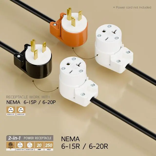 Alt view image 2 of 7 - Right Angle NEMA 6-20R Female Socket, 20Amp/250Volt, NEMA 6-15R 15A/250V ETL Listed Heavy Duty 3-Prong Female Straight Blade Connector, 15/20A 250V AC Industrial Grade Cord End Socket, White Color
