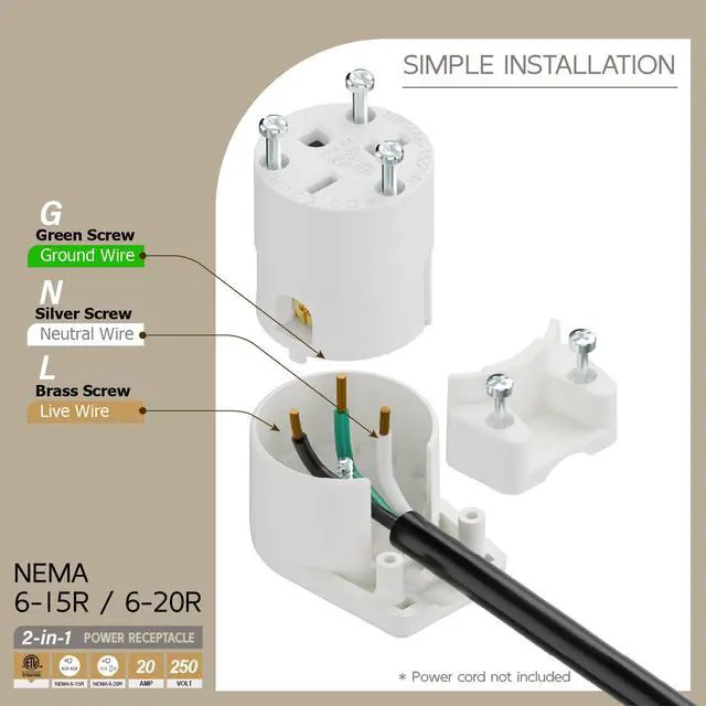 Alt view image 3 of 7 - Right Angle NEMA 6-20R Female Socket, 20Amp/250Volt, NEMA 6-15R 15A/250V ETL Listed Heavy Duty 3-Prong Female Straight Blade Connector, 15/20A 250V AC Industrial Grade Cord End Socket, White Color