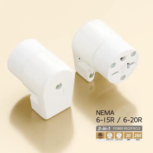 Alt view image 4 of 7 - Right Angle NEMA 6-20R Female Socket, 20Amp/250Volt, NEMA 6-15R 15A/250V ETL Listed Heavy Duty 3-Prong Female Straight Blade Connector, 15/20A 250V AC Industrial Grade Cord End Socket, White Color